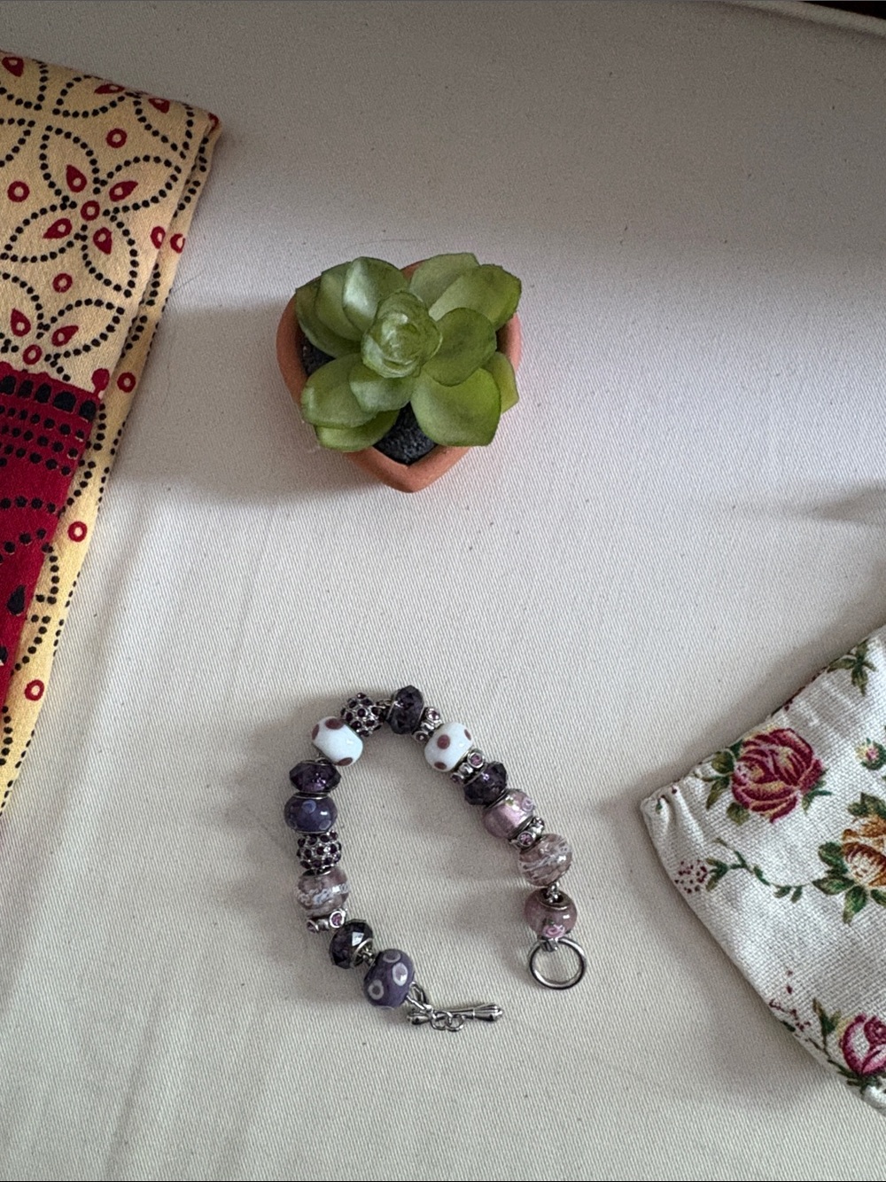 Purple Glass Bead pandora-style Bracelet with Silver Accents